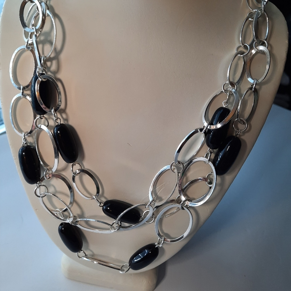 Fashion Necklace, Silver Toned with Black Beads
